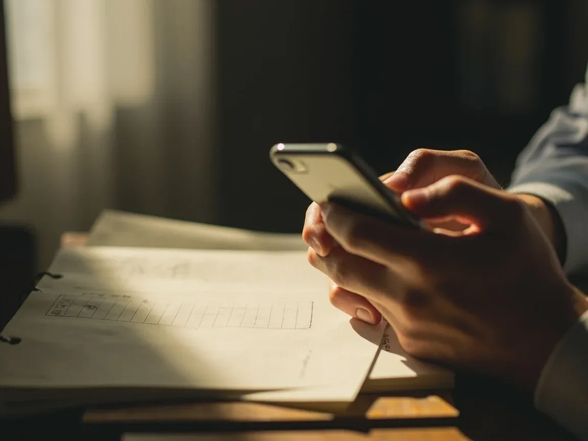 An overhead editorial photograph of an APK permission audit with index cards and a generic phone face down.