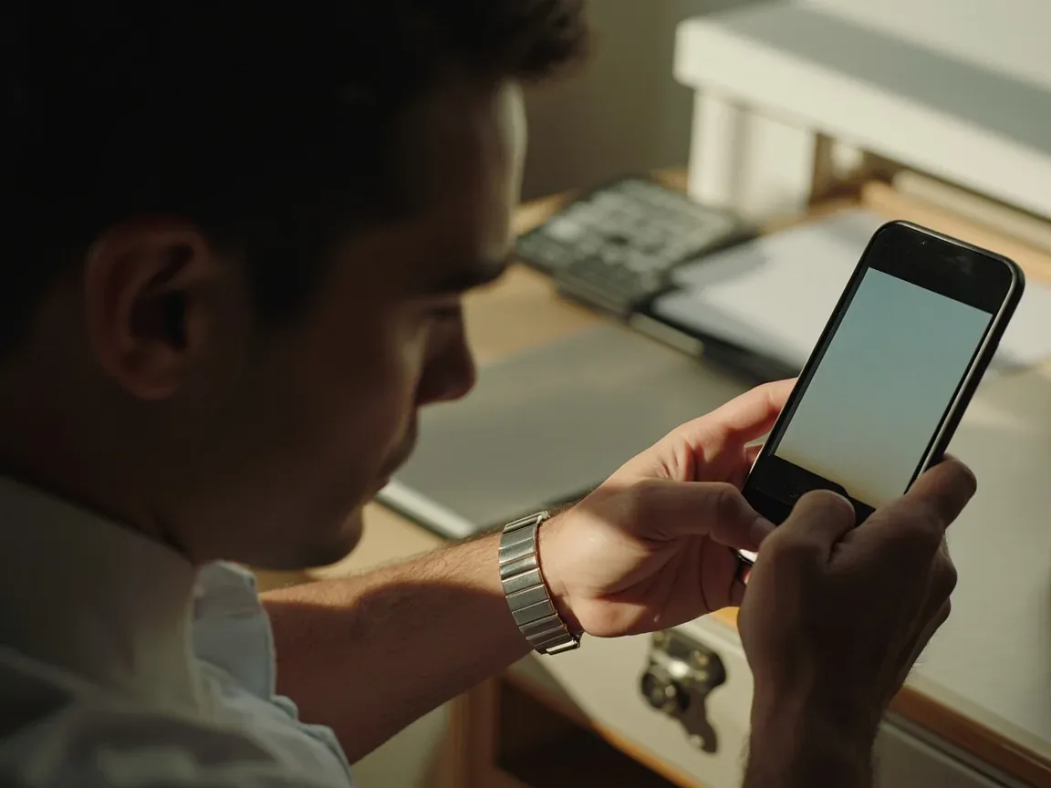 An editorial photograph of an adult reviewing app permission settings on a generic smartphone.
