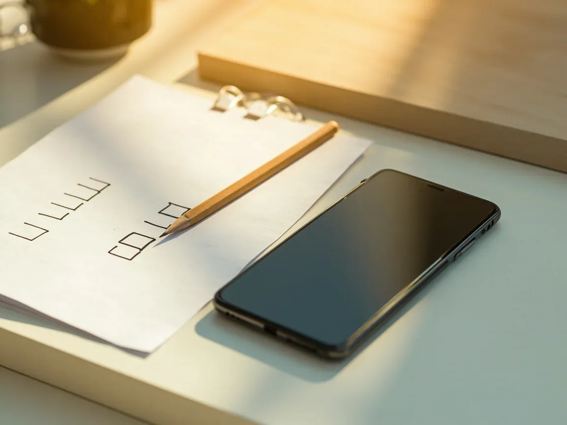 An overhead editorial photograph of an install checklist with index cards and a generic phone face down on a desk.