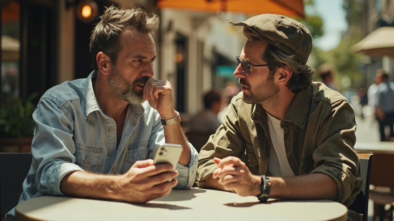 An editorial photograph of two adults comparing referral-code entry notes on a sunlit desk.