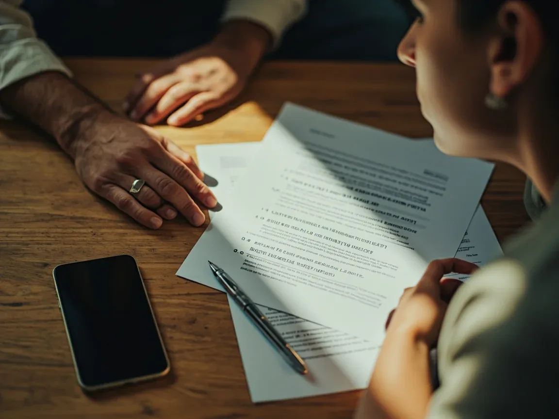 An overhead editorial photograph of an adult reviewing referral terms and conditions on index cards beside a generic phone.