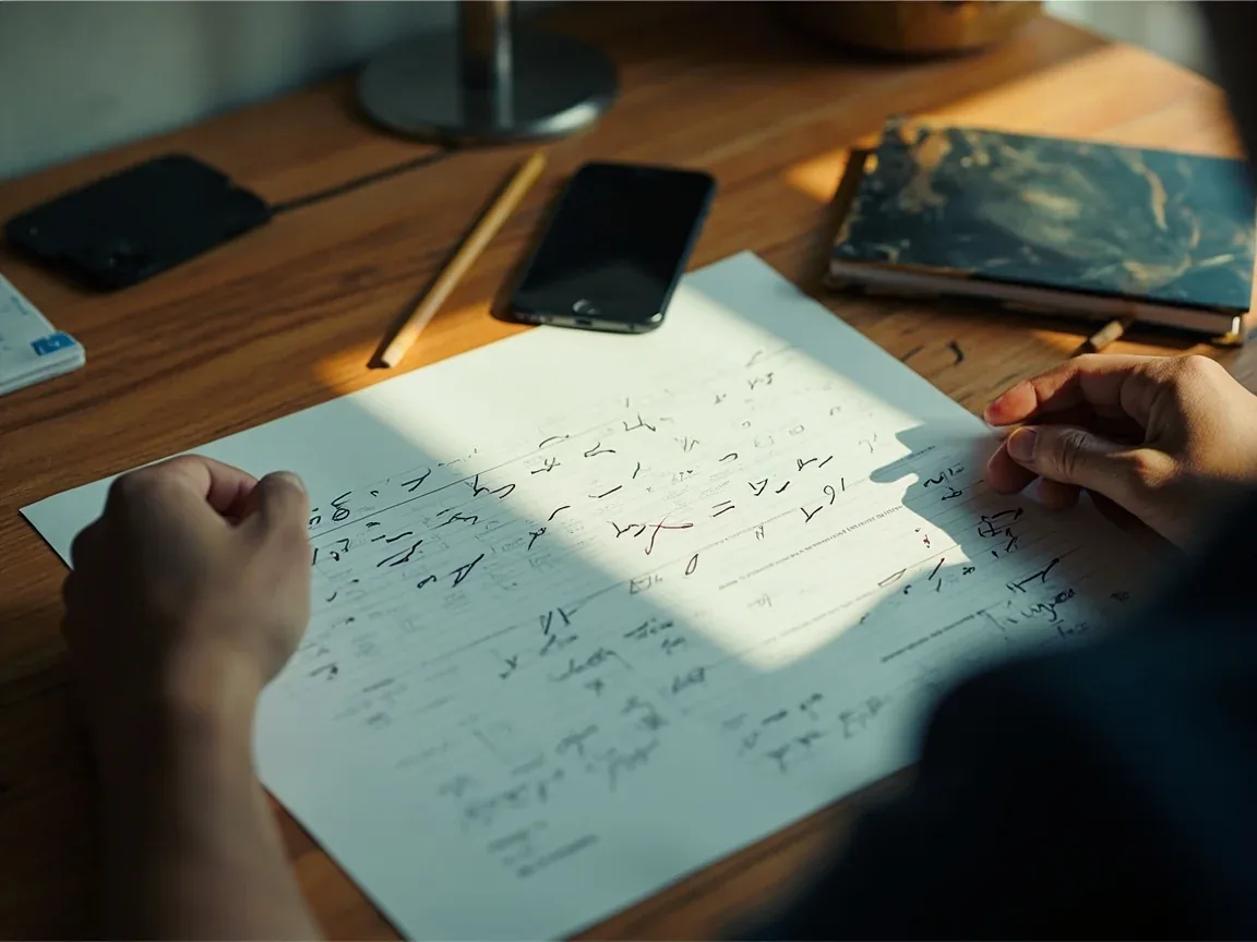 A team selection workshop with notebooks, a generic phone and printed role lists arranged on a sunlit desk.