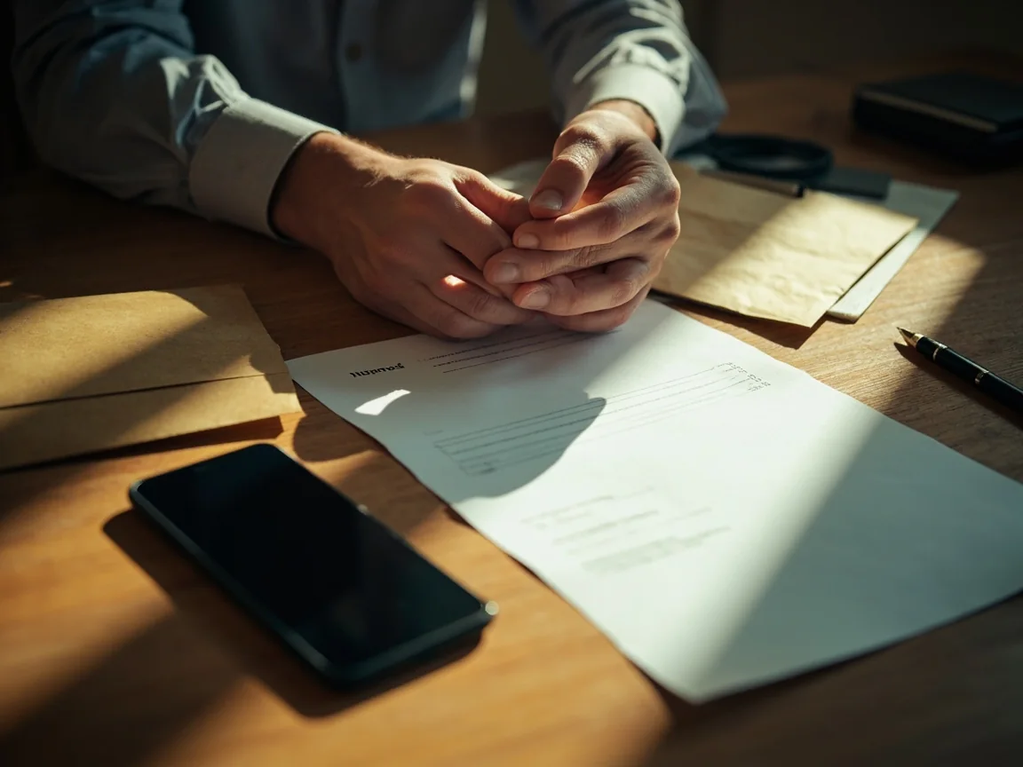 An adult gathering support evidence for a missing referral credit at a sunlit desk with a generic phone and a notebook.
