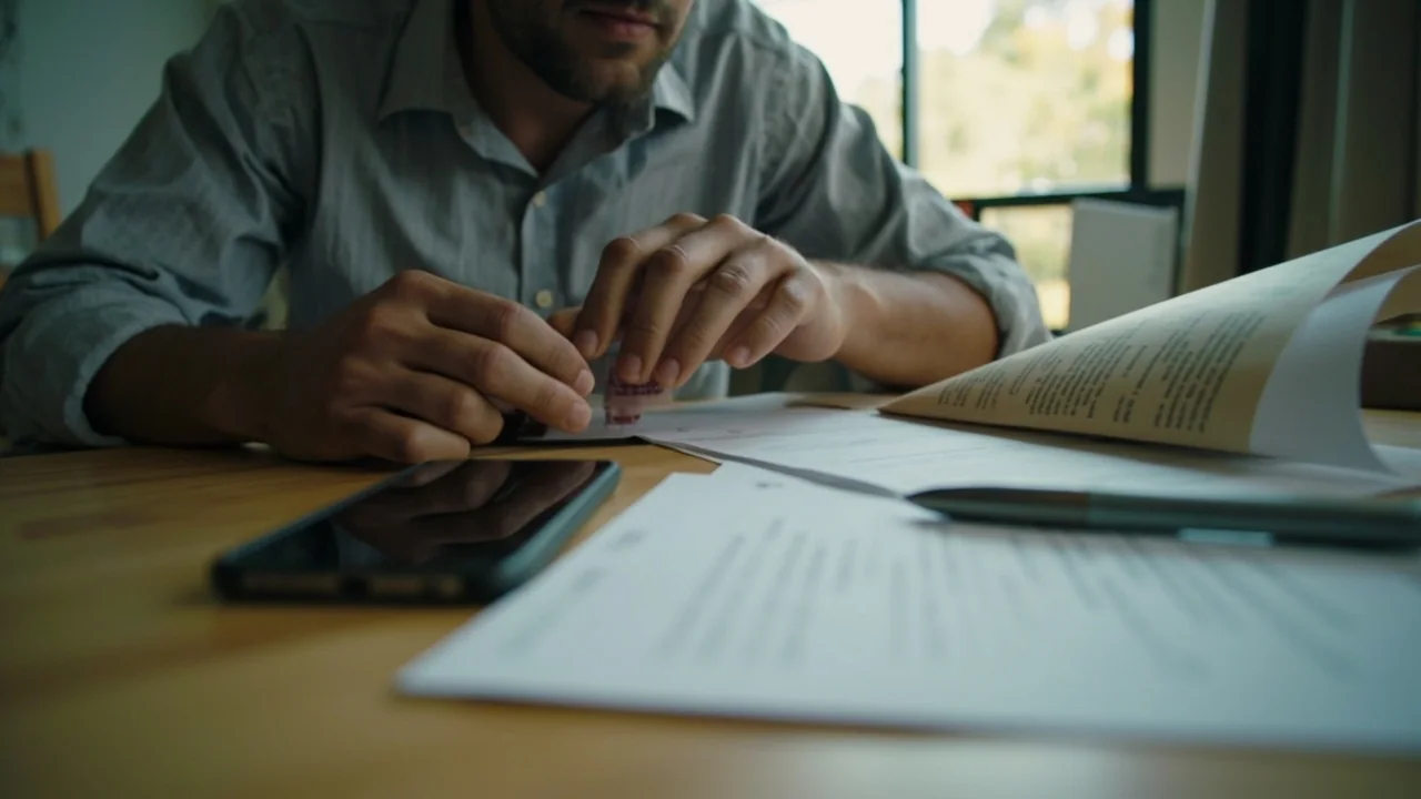 A sunlit editorial photograph of an adult preparing KYC documents at a desk with a generic smartphone and a small notebook.
